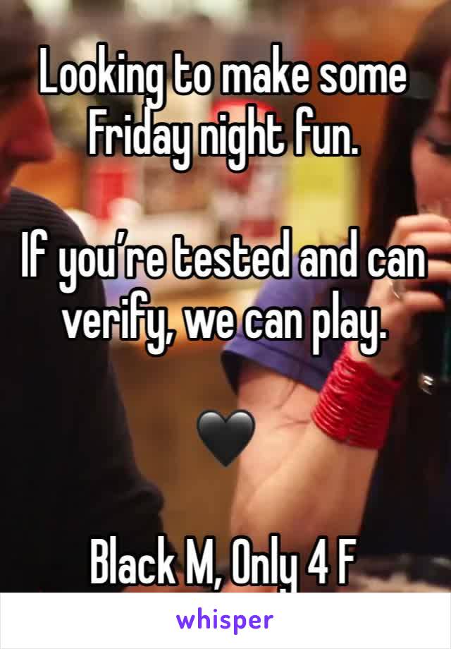 Looking to make some Friday night fun.

If you’re tested and can verify, we can play.

🖤

Black M, Only 4 F