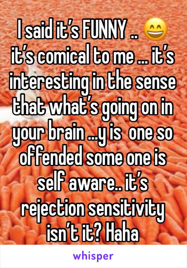 I said it’s FUNNY .. 😄 it’s comical to me … it’s interesting in the sense that what’s going on in your brain …y is  one so offended some one is self aware.. it’s rejection sensitivity isn’t it? Haha