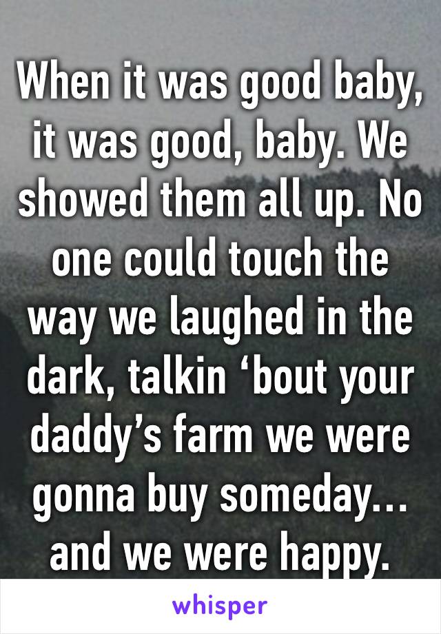 When it was good baby, it was good, baby. We showed them all up. No one could touch the way we laughed in the dark, talkin ‘bout your daddy’s farm we were gonna buy someday…and we were happy. 