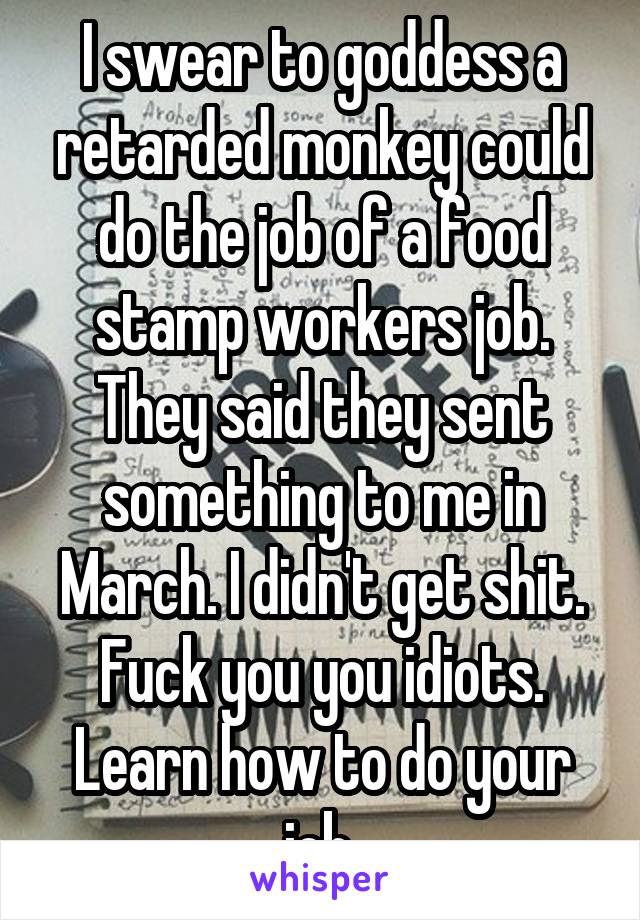 I swear to goddess a retarded monkey could do the job of a food stamp workers job. They said they sent something to me in March. I didn't get shit. Fuck you you idiots. Learn how to do your job.