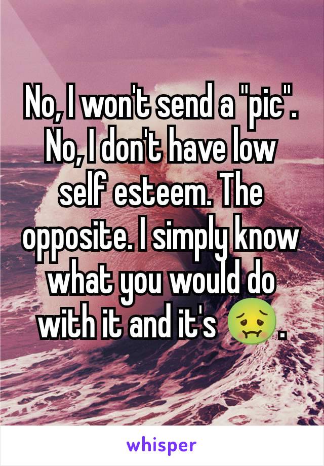 No, I won't send a "pic". No, I don't have low self esteem. The opposite. I simply know what you would do with it and it's 🤢.