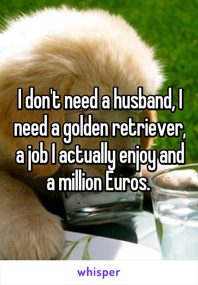 I don't need a husband, I need a golden retriever, a job I actually enjoy and a million Euros. 