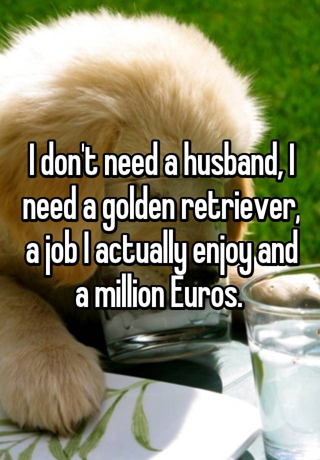 I don't need a husband, I need a golden retriever, a job I actually enjoy and a million Euros. 