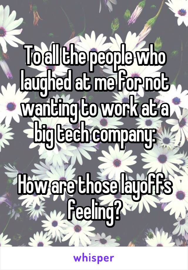 To all the people who laughed at me for not wanting to work at a big tech company:

How are those layoffs feeling?