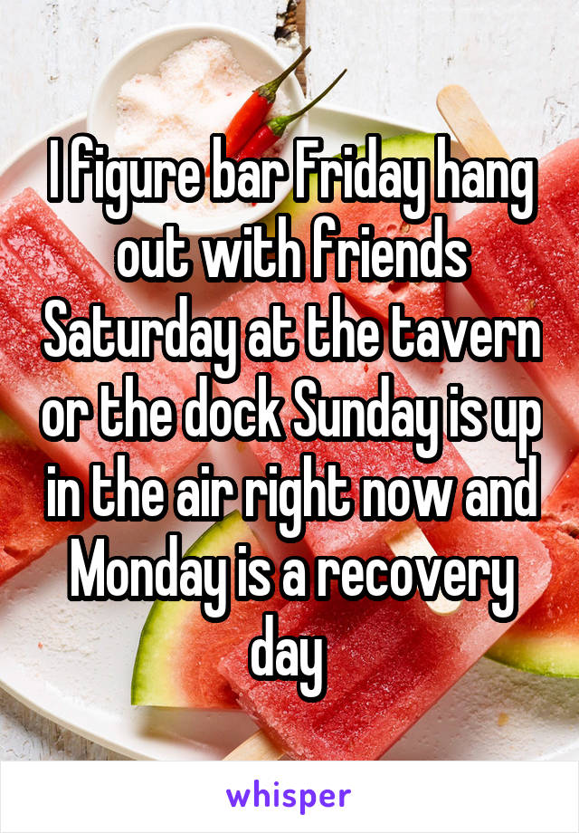 I figure bar Friday hang out with friends Saturday at the tavern or the dock Sunday is up in the air right now and Monday is a recovery day 