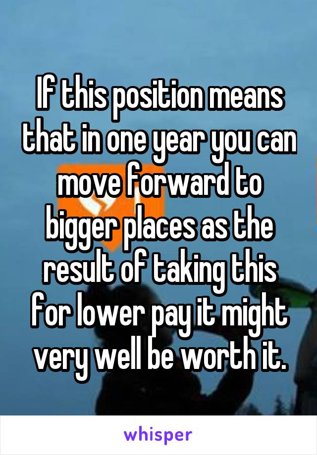 If this position means that in one year you can move forward to bigger places as the result of taking this for lower pay it might very well be worth it.