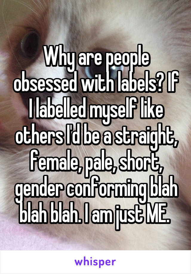 Why are people obsessed with labels? If I labelled myself like others I'd be a straight, female, pale, short, gender conforming blah blah blah. I am just ME. 