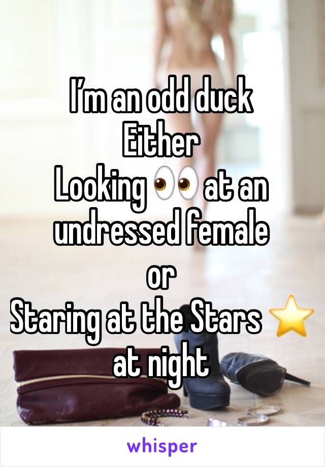 I’m an odd duck
Either
Looking 👀 at an undressed female 
or
Staring at the Stars ⭐️ at night 