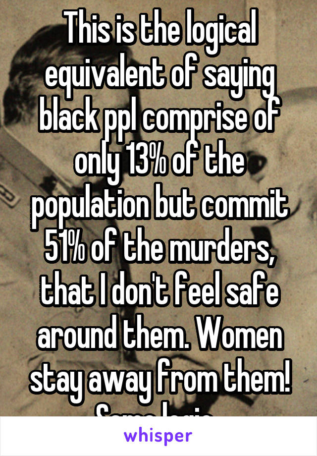 This is the logical equivalent of saying black ppl comprise of only 13% of the population but commit 51% of the murders, that I don't feel safe around them. Women stay away from them! Same logic. 