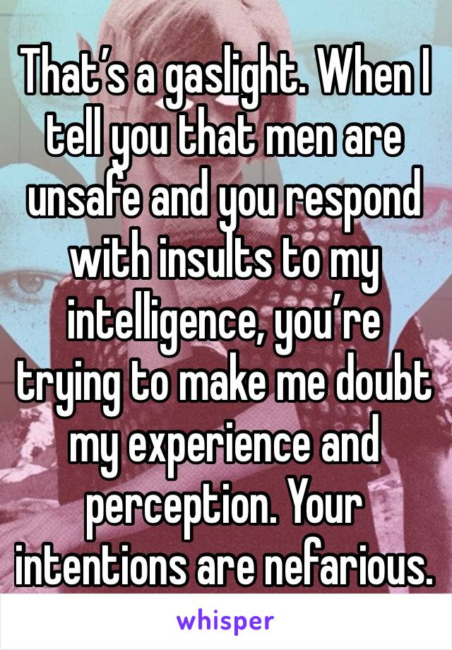 That’s a gaslight. When I tell you that men are unsafe and you respond with insults to my intelligence, you’re trying to make me doubt my experience and perception. Your intentions are nefarious.