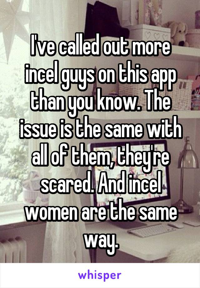 I've called out more incel guys on this app than you know. The issue is the same with all of them, they're scared. And incel women are the same way.