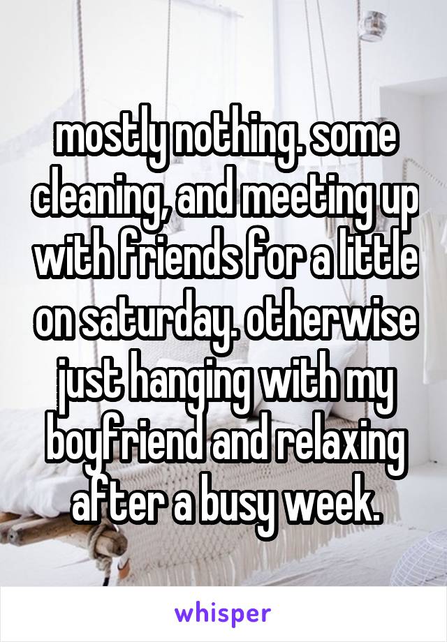 mostly nothing. some cleaning, and meeting up with friends for a little on saturday. otherwise just hanging with my boyfriend and relaxing after a busy week.