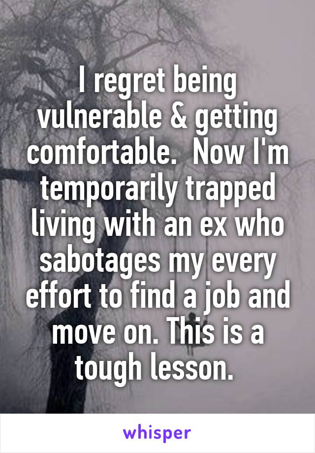 I regret being vulnerable & getting comfortable.  Now I'm temporarily trapped living with an ex who sabotages my every effort to find a job and move on. This is a tough lesson. 