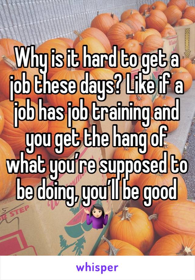 Why is it hard to get a job these days? Like if a job has job training and you get the hang of what you’re supposed to be doing, you’ll be good🤷🏻‍♀️
