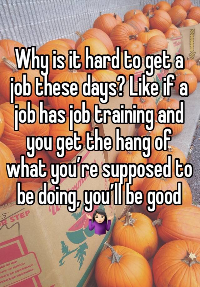 Why is it hard to get a job these days? Like if a job has job training and you get the hang of what you’re supposed to be doing, you’ll be good🤷🏻‍♀️