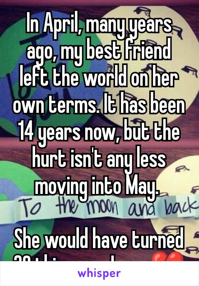 In April, many years ago, my best friend left the world on her own terms. It has been 14 years now, but the hurt isn't any less moving into May. 

She would have turned 30 this year. Luna 💔