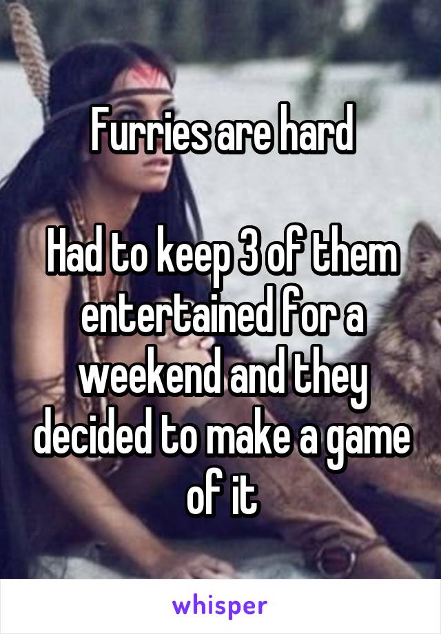 Furries are hard

Had to keep 3 of them entertained for a weekend and they decided to make a game of it