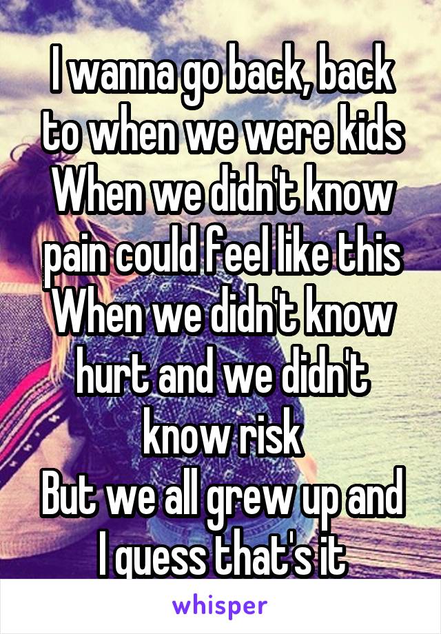 I wanna go back, back to when we were kids
When we didn't know pain could feel like this
When we didn't know hurt and we didn't know risk
But we all grew up and I guess that's it