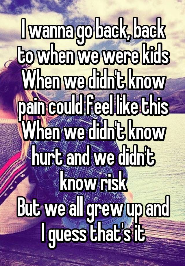 I wanna go back, back to when we were kids
When we didn't know pain could feel like this
When we didn't know hurt and we didn't know risk
But we all grew up and I guess that's it