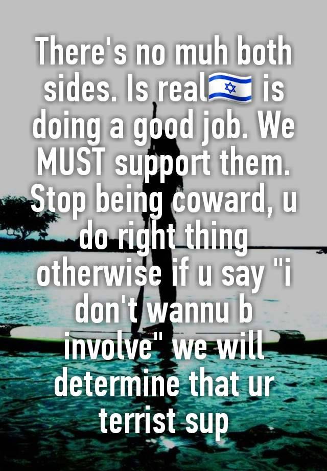 There's no muh both sides. Is real🇮🇱 is doing a good job. We MUST support them. Stop being coward, u do right thing otherwise if u say "i don't wannu b involve" we will determine that ur terrist sup