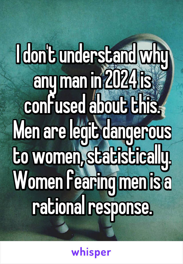 I don't understand why any man in 2024 is confused about this. Men are legit dangerous to women, statistically. Women fearing men is a rational response.