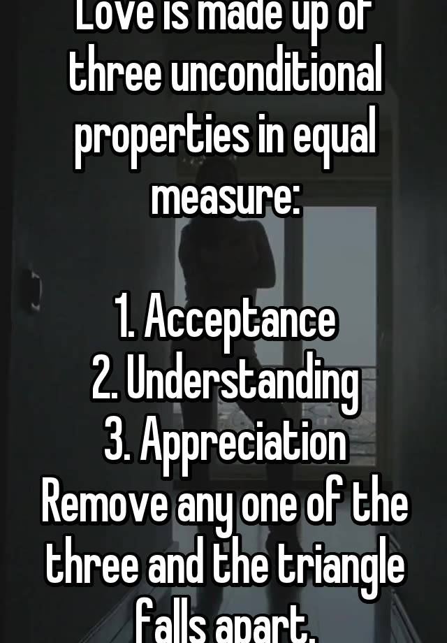 Love is made up of three unconditional properties in equal measure:

1. Acceptance
2. Understanding
3. Appreciation
Remove any one of the three and the triangle falls apart.