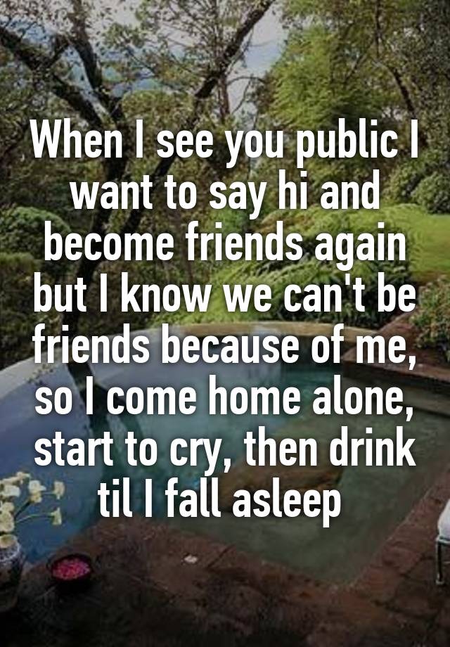 When I see you public I want to say hi and become friends again but I know we can't be friends because of me, so I come home alone, start to cry, then drink til I fall asleep 