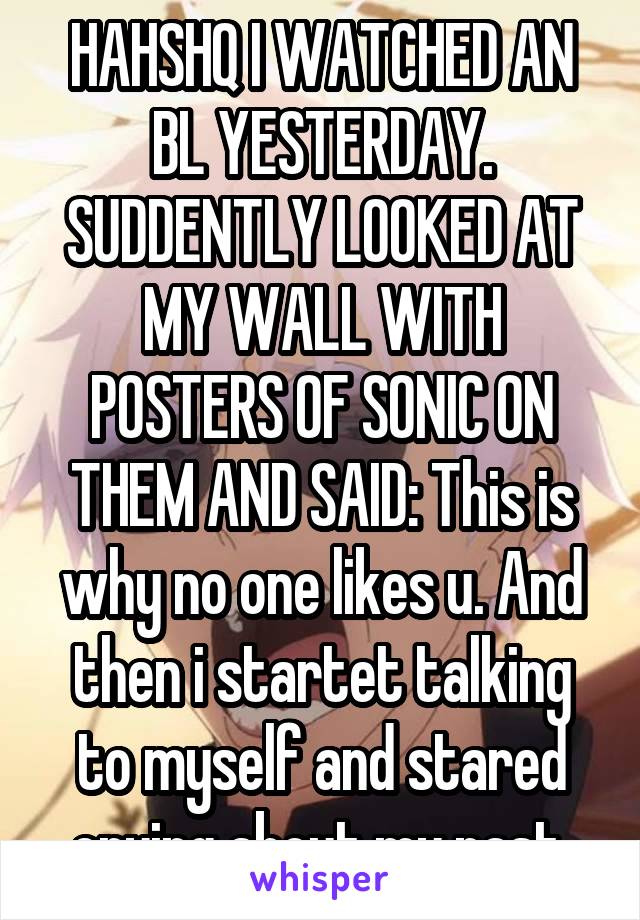 HAHSHQ I WATCHED AN BL YESTERDAY. SUDDENTLY LOOKED AT MY WALL WITH POSTERS OF SONIC ON THEM AND SAID: This is why no one likes u. And then i startet talking to myself and stared crying about my past 