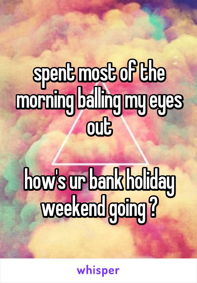 spent most of the morning balling my eyes out

how's ur bank holiday weekend going ?