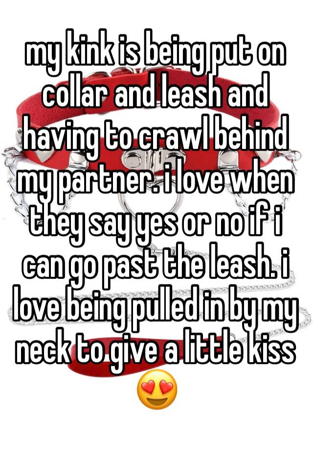 my kink is being put on collar and leash and having to crawl behind my partner. i love when they say yes or no if i can go past the leash. i love being pulled in by my neck to give a little kiss 😍