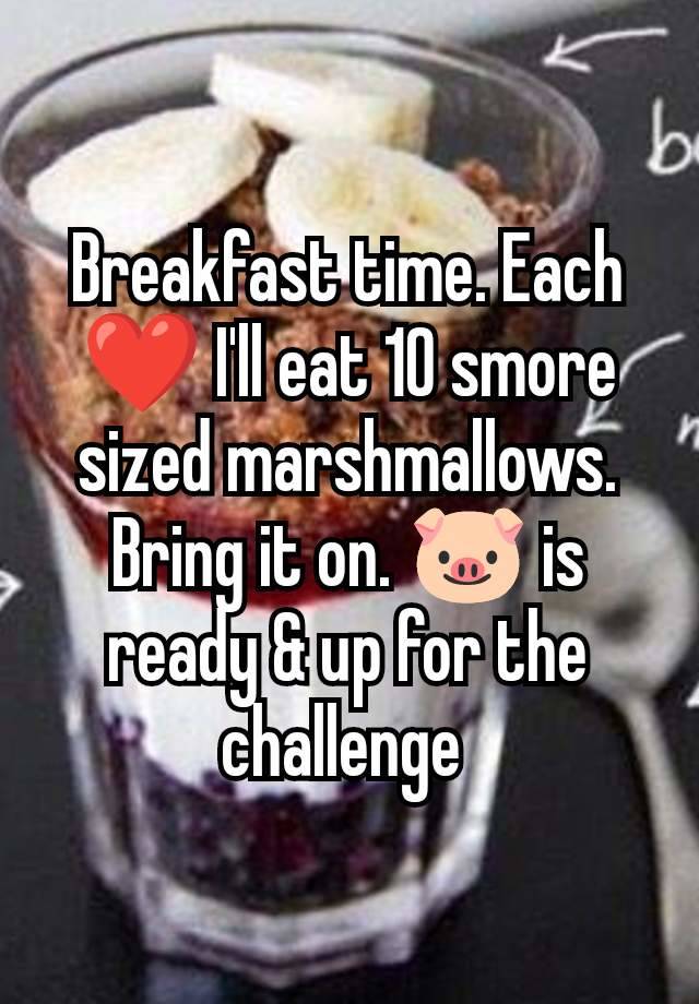 Breakfast time. Each ❤️ I'll eat 10 smore sized marshmallows. Bring it on. 🐷 is ready & up for the challenge 