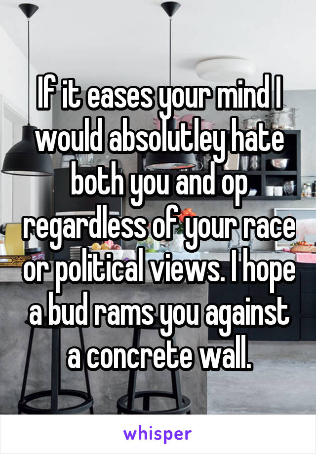 If it eases your mind I would absolutley hate both you and op regardless of your race or political views. I hope a bud rams you against a concrete wall.