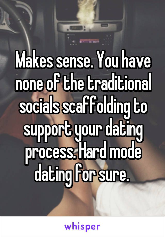 Makes sense. You have none of the traditional socials scaffolding to support your dating process. Hard mode dating for sure. 