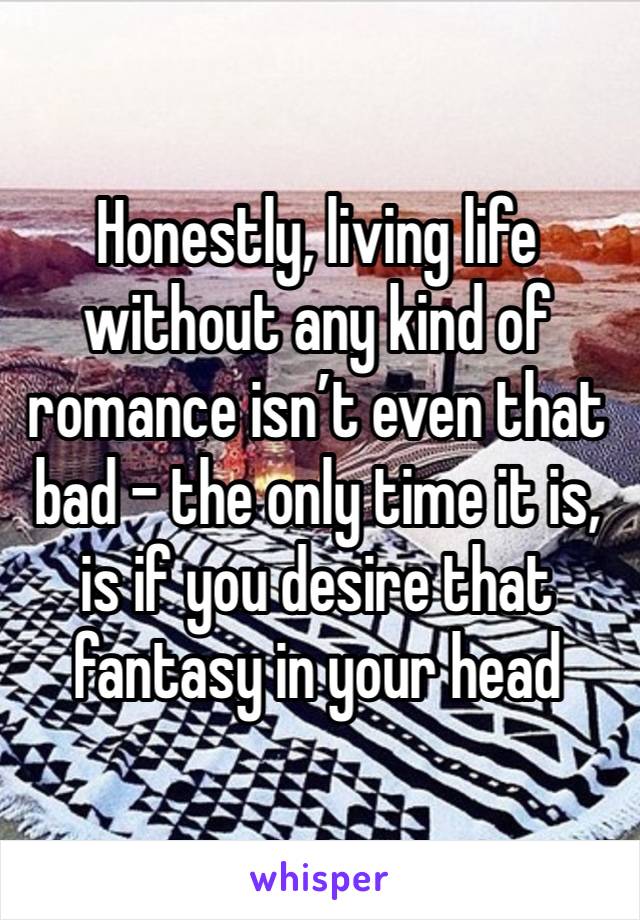 Honestly, living life without any kind of romance isn’t even that bad - the only time it is, is if you desire that fantasy in your head 