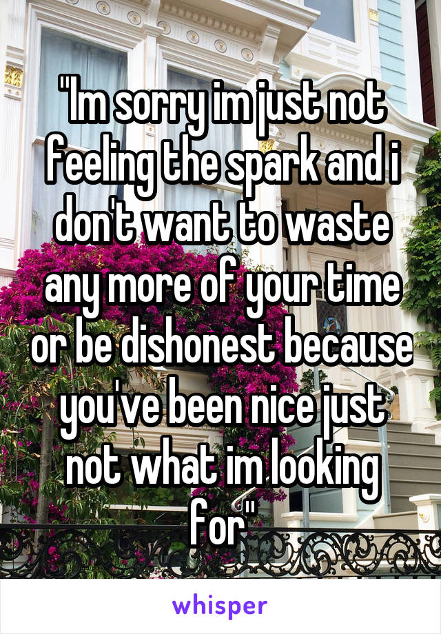 "Im sorry im just not feeling the spark and i don't want to waste any more of your time or be dishonest because you've been nice just not what im looking for"