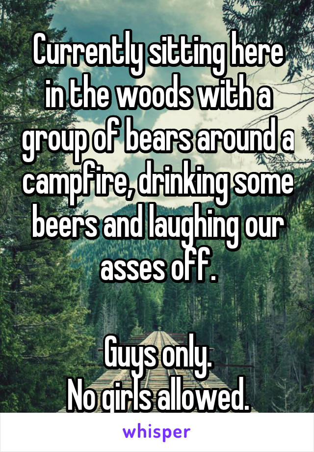 Currently sitting here in the woods with a group of bears around a campfire, drinking some beers and laughing our asses off.

Guys only.
No girls allowed.