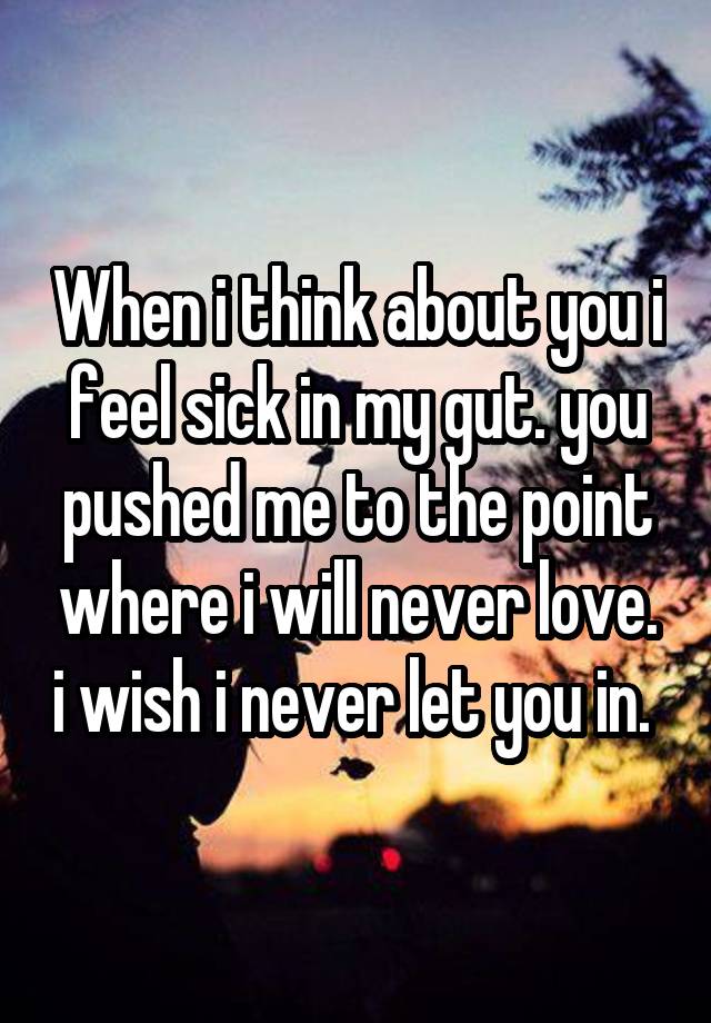 When i think about you i feel sick in my gut. you pushed me to the point where i will never love. i wish i never let you in. 