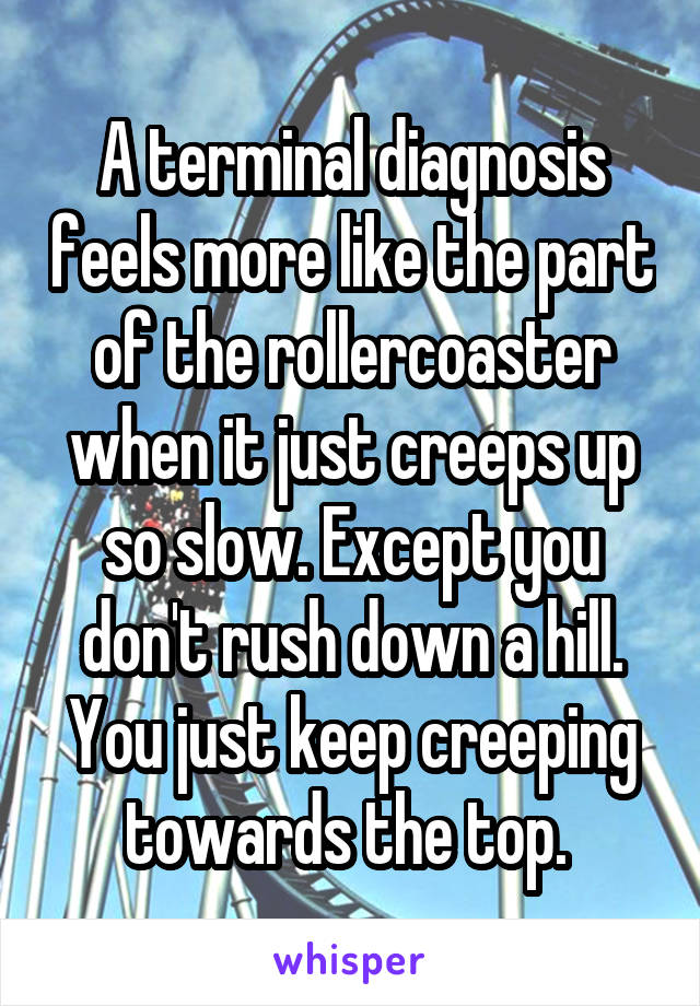 A terminal diagnosis feels more like the part of the rollercoaster when it just creeps up so slow. Except you don't rush down a hill. You just keep creeping towards the top. 