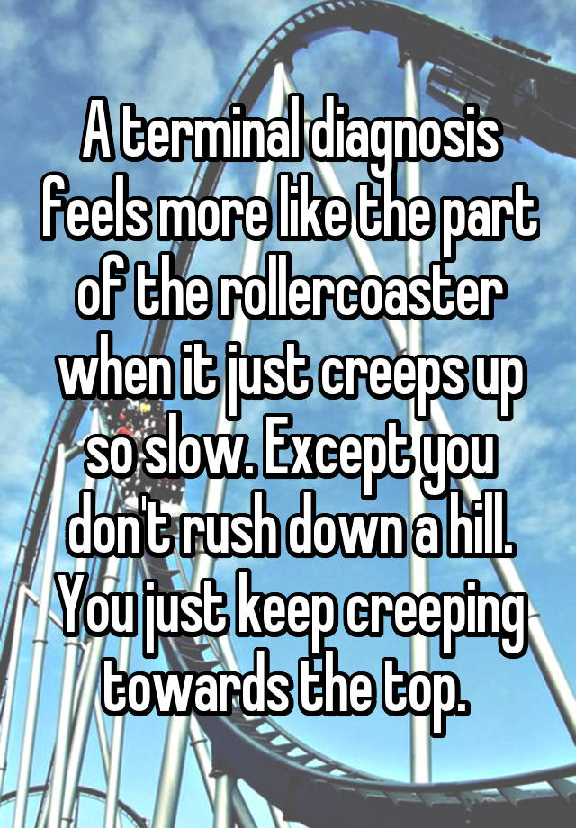 A terminal diagnosis feels more like the part of the rollercoaster when it just creeps up so slow. Except you don't rush down a hill. You just keep creeping towards the top. 