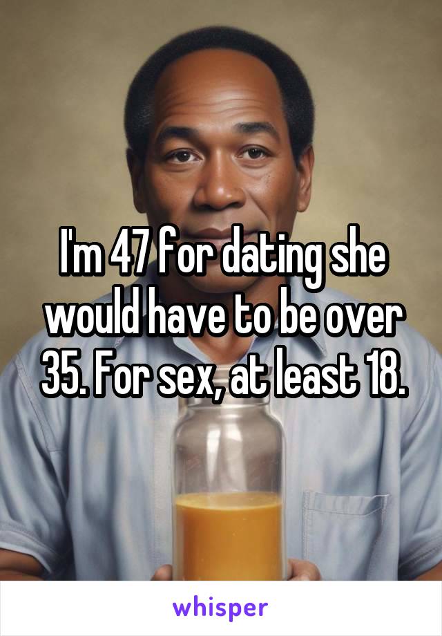 I'm 47 for dating she would have to be over 35. For sex, at least 18.