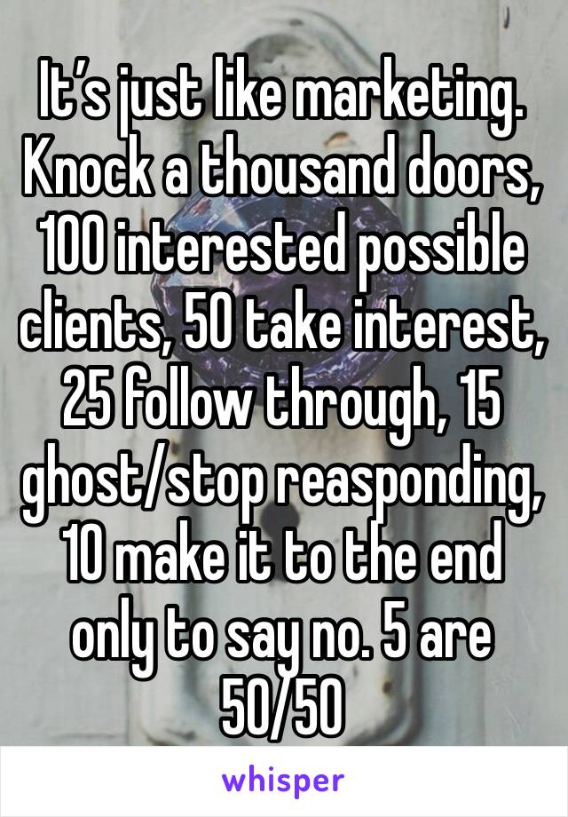 It’s just like marketing. Knock a thousand doors, 100 interested possible clients, 50 take interest, 25 follow through, 15 ghost/stop reasponding, 10 make it to the end only to say no. 5 are 50/50 