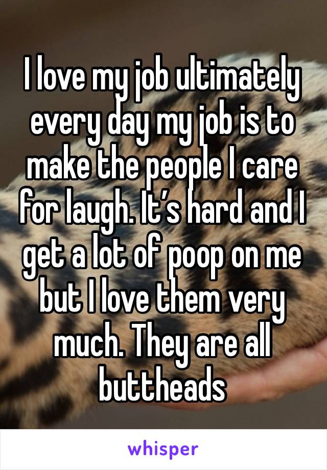 I love my job ultimately every day my job is to make the people I care for laugh. It’s hard and I get a lot of poop on me but I love them very much. They are all buttheads 