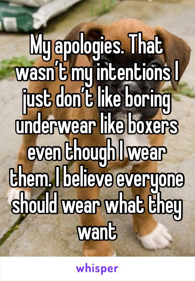 My apologies. That wasn’t my intentions I just don’t like boring underwear like boxers even though I wear them. I believe everyone should wear what they want 