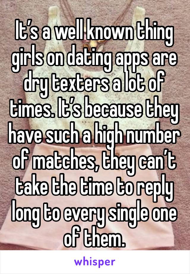 It’s a well known thing girls on dating apps are dry texters a lot of times. It’s because they have such a high number of matches, they can’t take the time to reply long to every single one of them. 