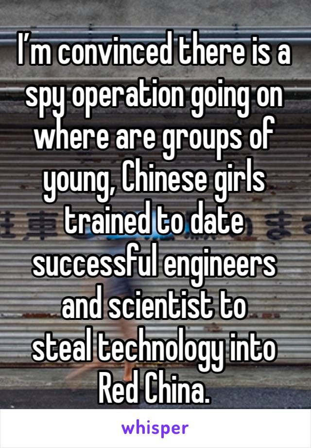 I’m convinced there is a spy operation going on where are groups of young, Chinese girls trained to date successful engineers 
and scientist to 
steal technology into 
Red China.