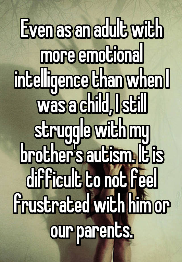 Even as an adult with more emotional intelligence than when I was a child, I still struggle with my brother's autism. It is difficult to not feel frustrated with him or our parents.