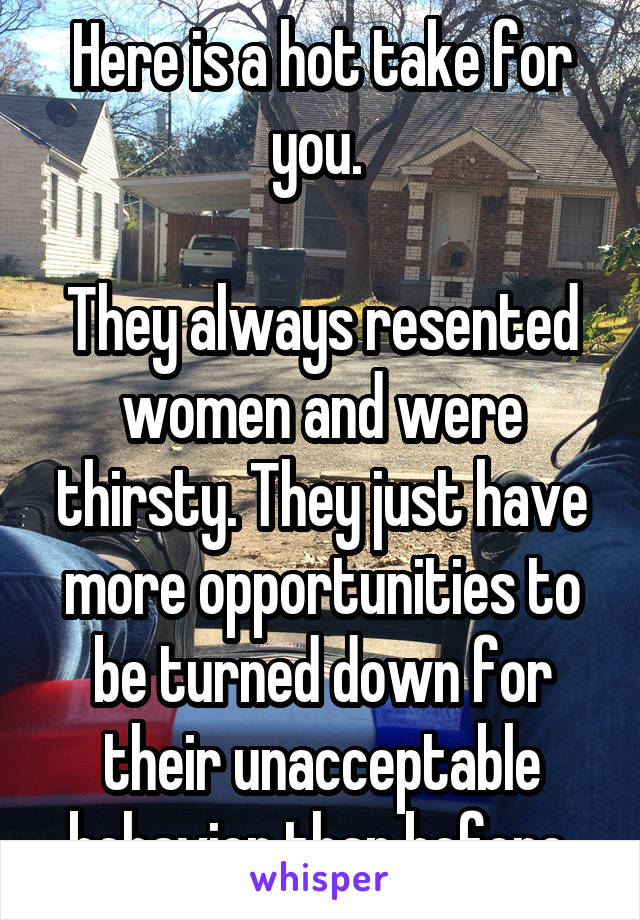 Here is a hot take for you. 

They always resented women and were thirsty. They just have more opportunities to be turned down for their unacceptable behavior than before.