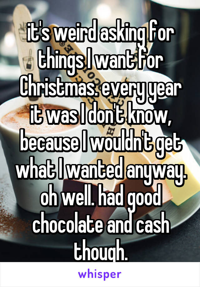 it's weird asking for things I want for Christmas. every year it was I don't know, because I wouldn't get what I wanted anyway. oh well. had good chocolate and cash though.