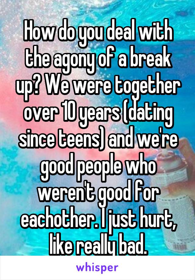 How do you deal with the agony of a break up? We were together over 10 years (dating since teens) and we're good people who weren't good for eachother. I just hurt, like really bad.