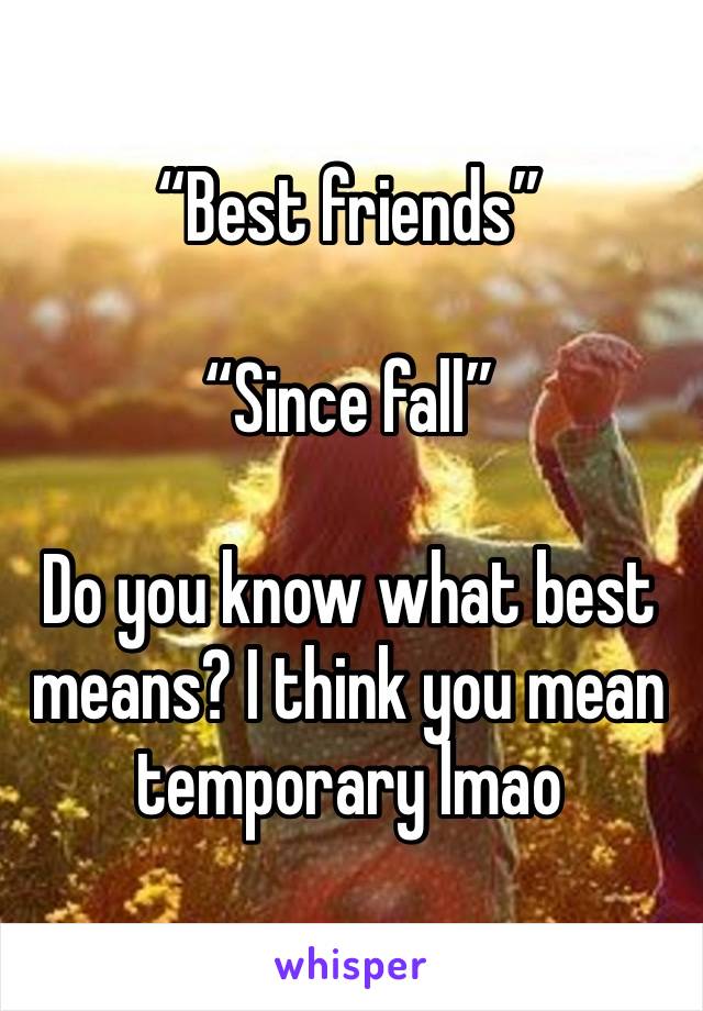 “Best friends”

“Since fall”

Do you know what best means? I think you mean temporary lmao